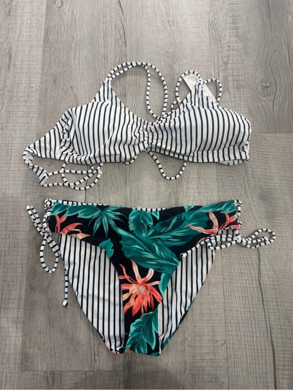 Cupshe Black & White Striped Bikini with Green and Coral Tropical Bottoms